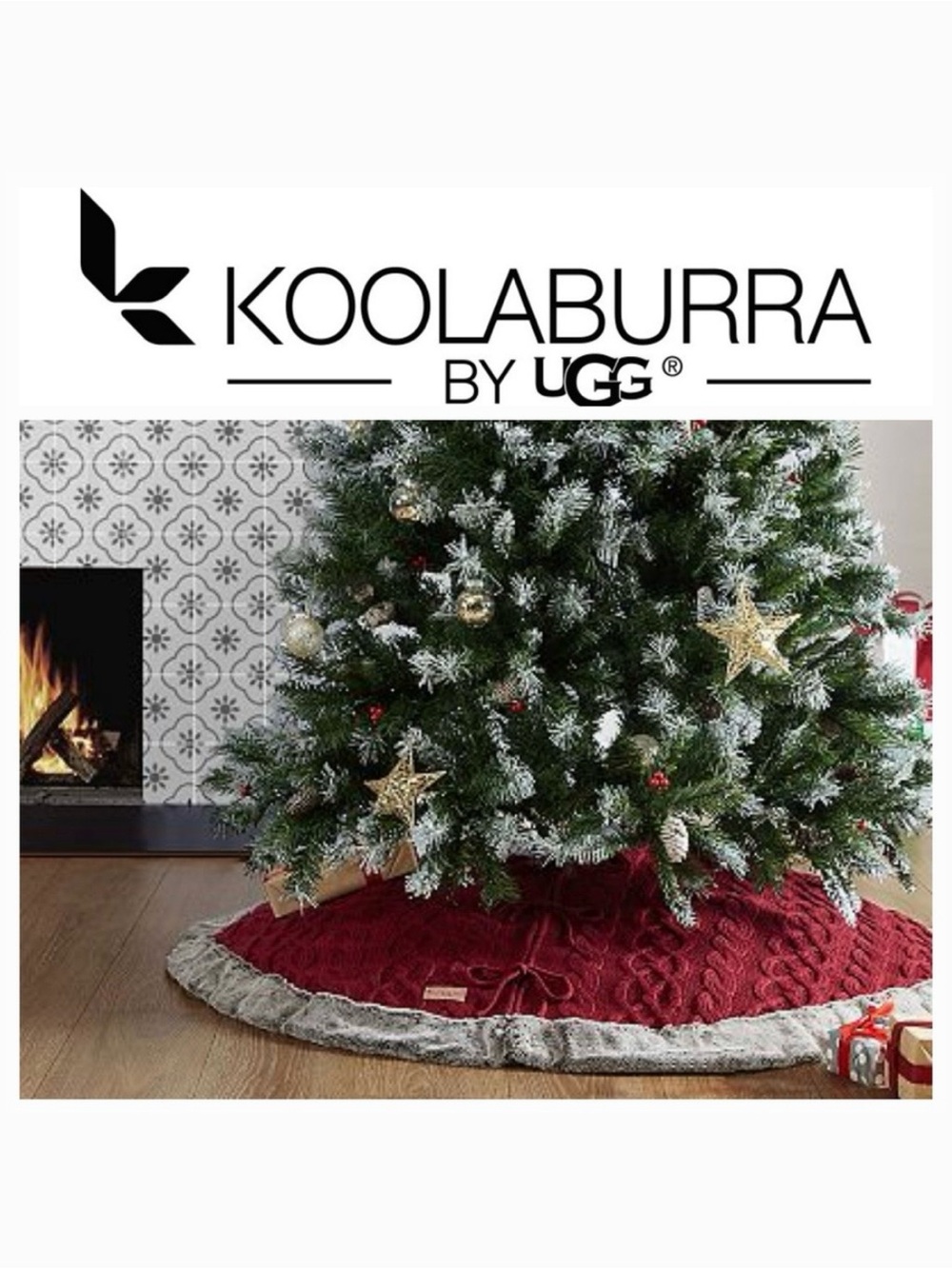 Koolaburra by UGG Reese Holiday Tree Skirt in red with gray trim. Size 54 in.